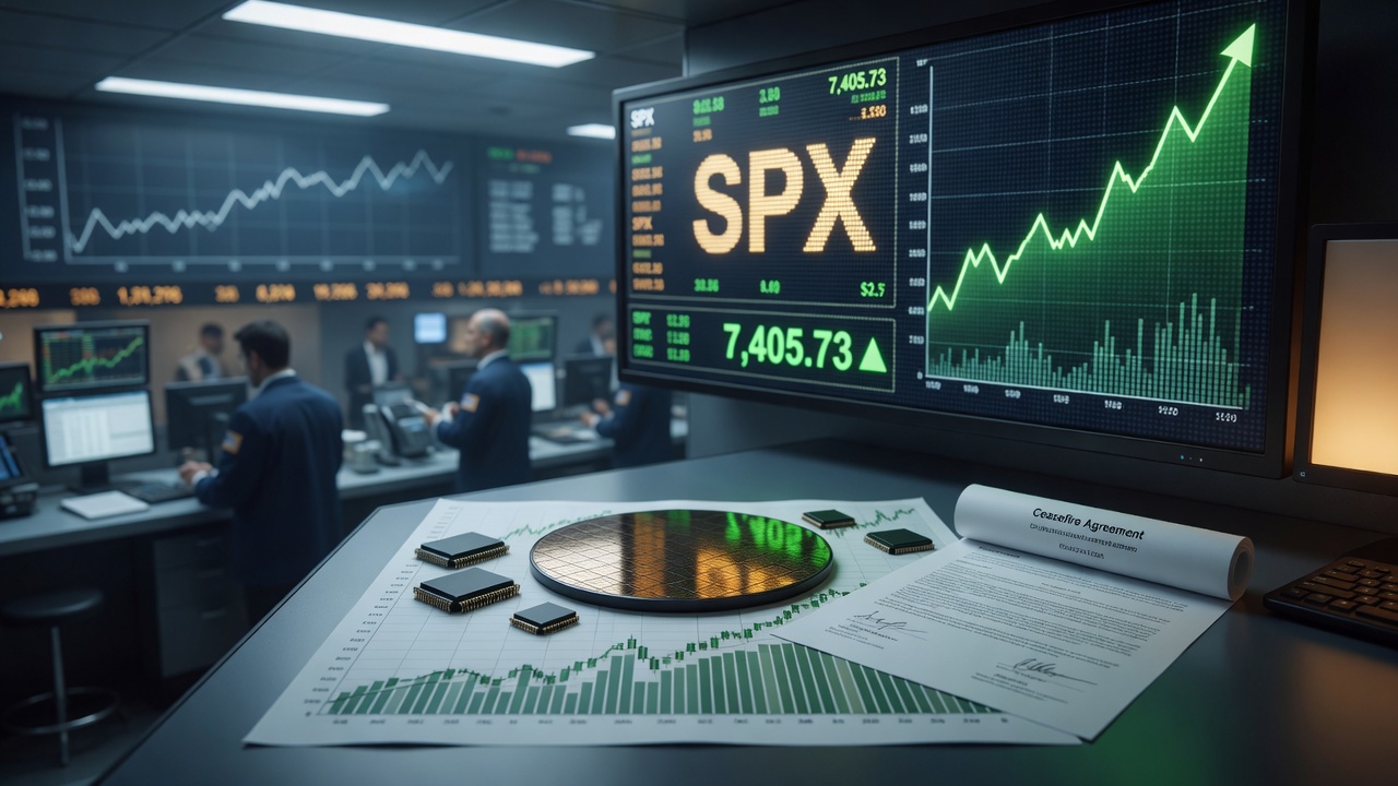 S&P 500 closes higher at 7,405.73 amid chip rebound and ceasefire news